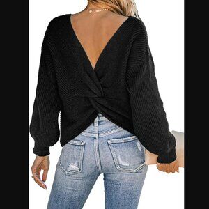 Forever 21 Long Sleeve Black Reversible Twisted Back Loose Knit Crochet Sweater